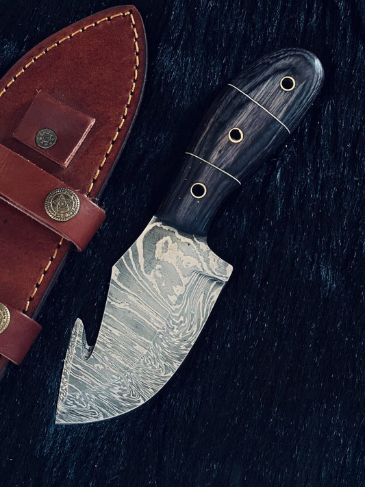 Heritage Forge 8 Inch Fire Damascus Gutuk Skinner Knife with Camel Bone and Wood Handle