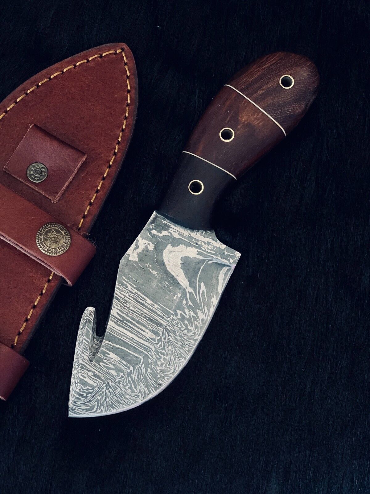 Heritage Forge 8 Inch Fire Damascus Steel Gutuk Bowie Knife with Camel Bone and Wood Handle