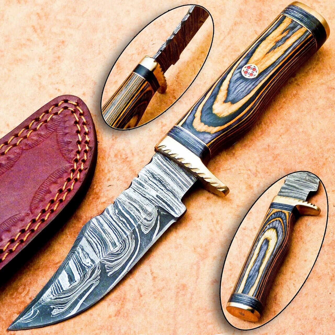 Heritage Forge 8 Inch Handmade Damascus Hunting Knife with Hardwood Handle and Leather Sheath