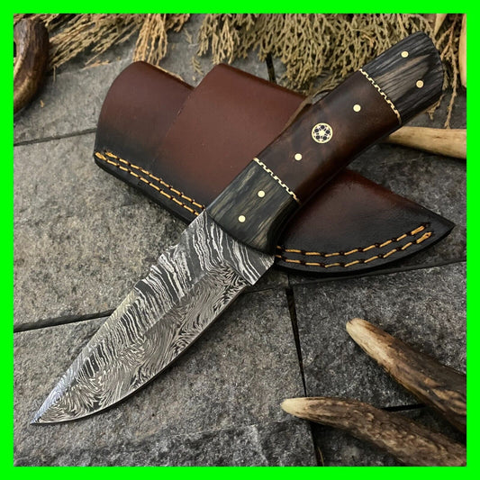 Heritage Forge 8 Inch Handmade Damascus Steel Hunting Skinner Knife with Wood Handle and Sheath