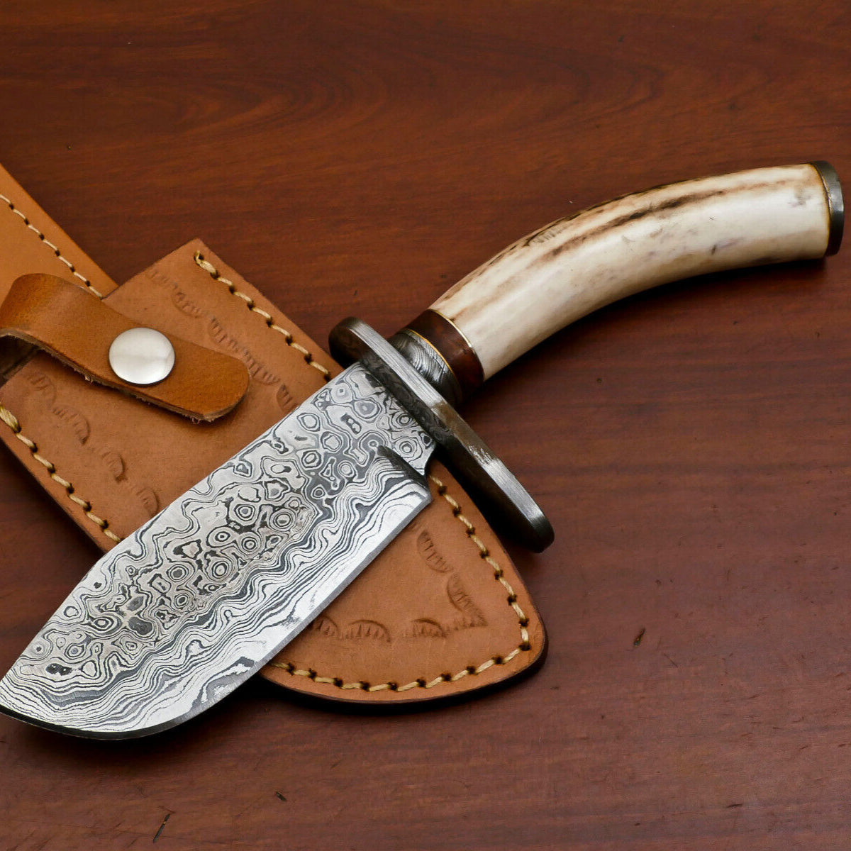 Heritage Forge 9.5" Damascus Hunting Knife with Stag Antler and Pakka Wood Handle