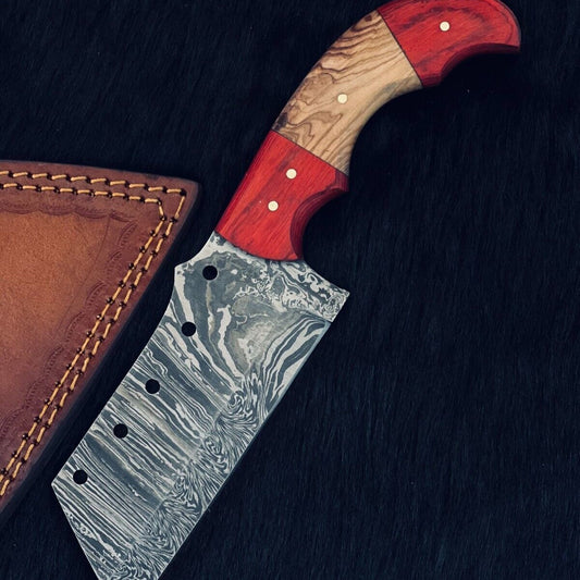 Heritage Forge 9.5 Inch Damascus Steel Cleaver Hunting Knife with Camel Bone and Wood Handle