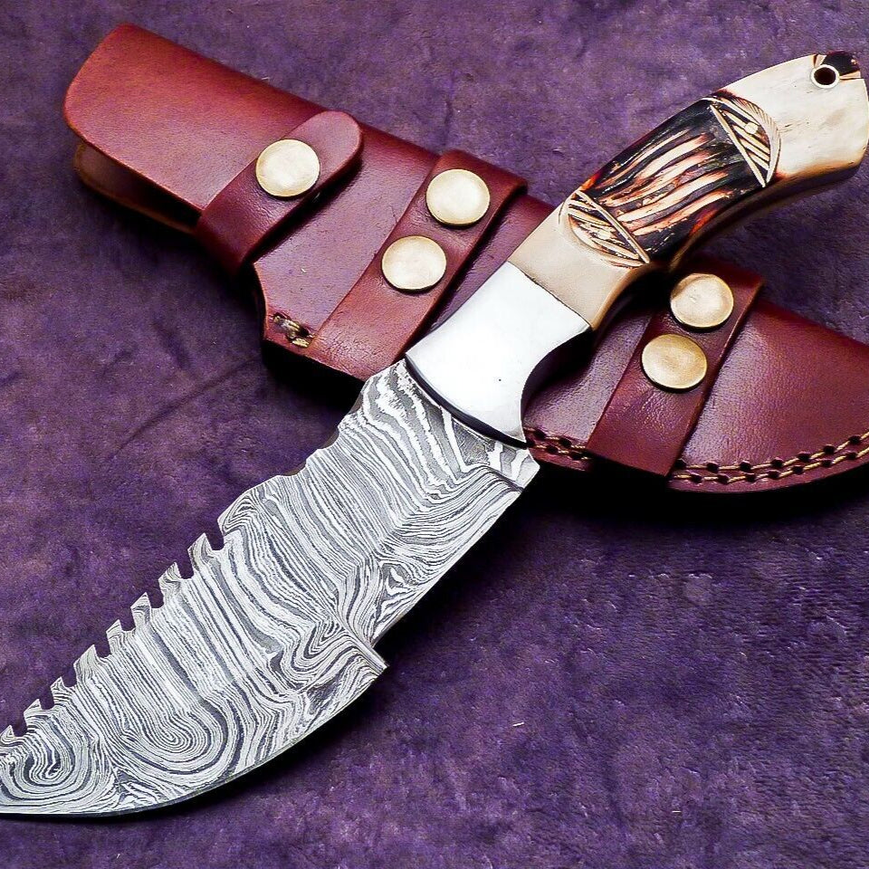 Heritage Forge 9.5 Inch Damascus Steel Tracker Knife with Engraved Stag Handle