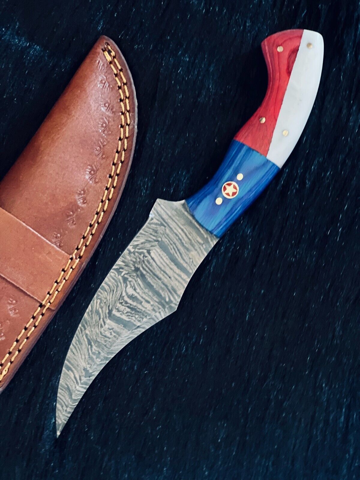 Heritage Forge 9.5 Inch Fire Damascus Steel Skinner Knife with Camel Bone and Wood Handle