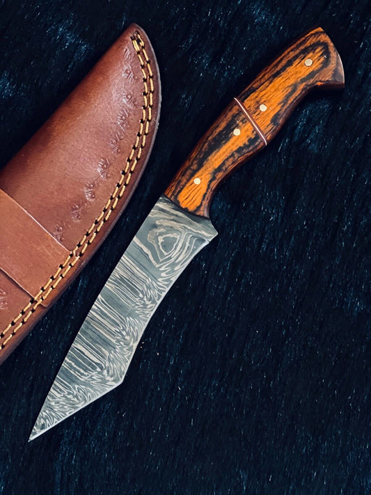 Heritage Forge 9.5 Inch Fire Damascus Tanto Hunting Knife with Camel Bone and Wood Handle