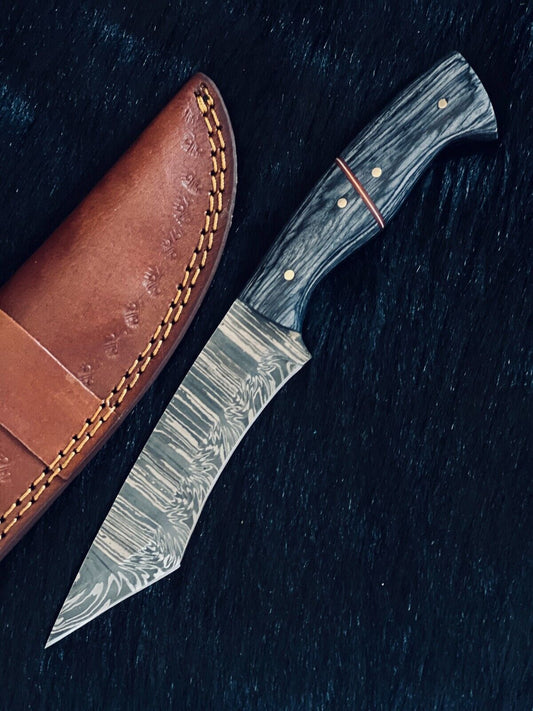 Heritage Forge 9.5 Inch Fire Damascus Tanto Knife with Camel Bone and Wood Handle
