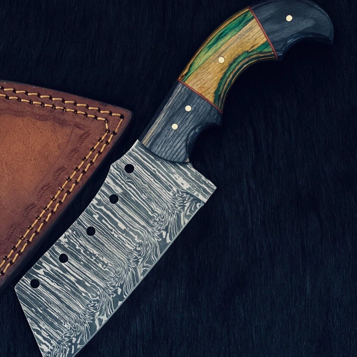 Heritage Forge 9.5 Inch Twist Damascus Cleaver Hunting Knife with Camel Bone and Wood Handle