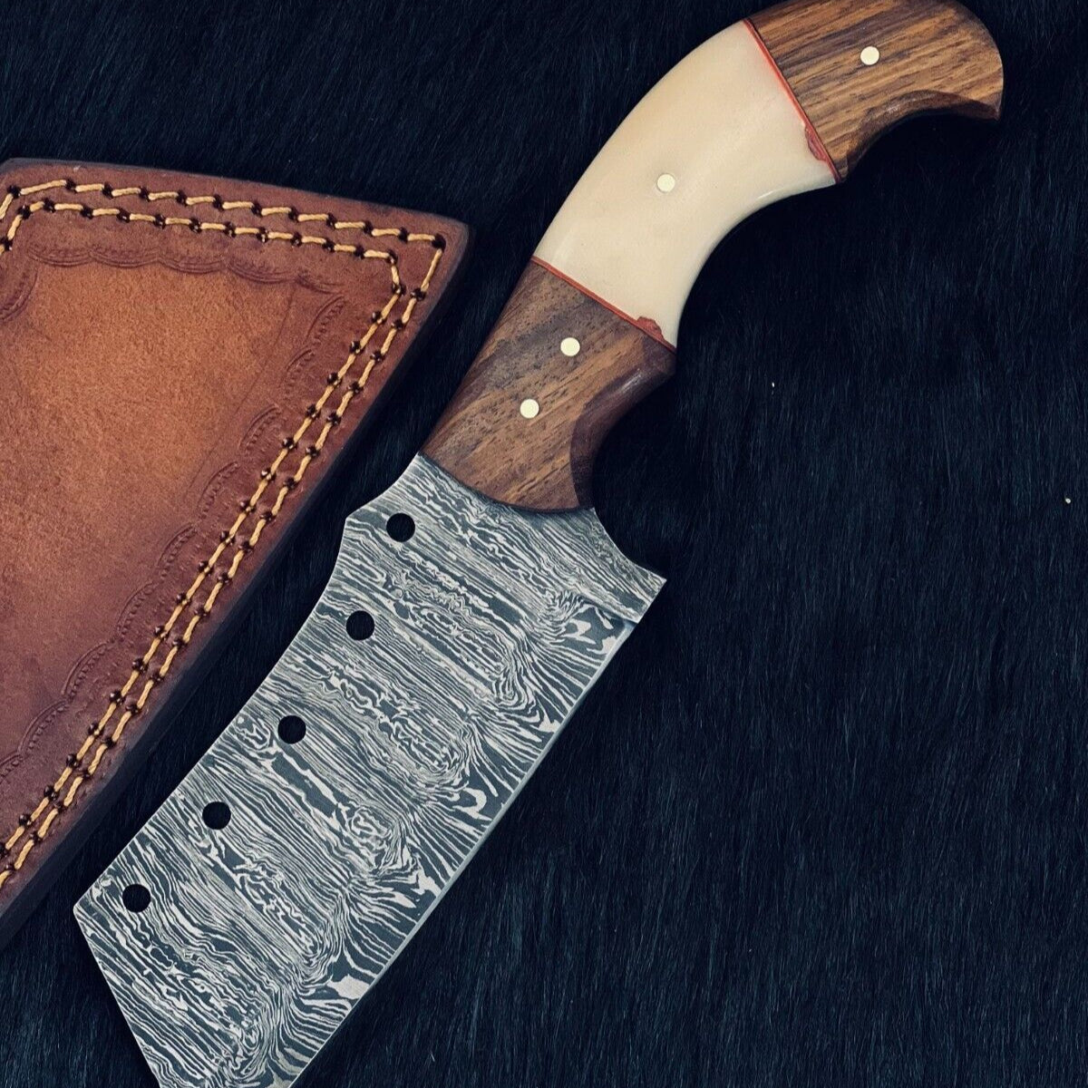 Heritage Forge 9.5 Inch Twist Damascus Cleaver Knife with Camel Bone and Wood Handle