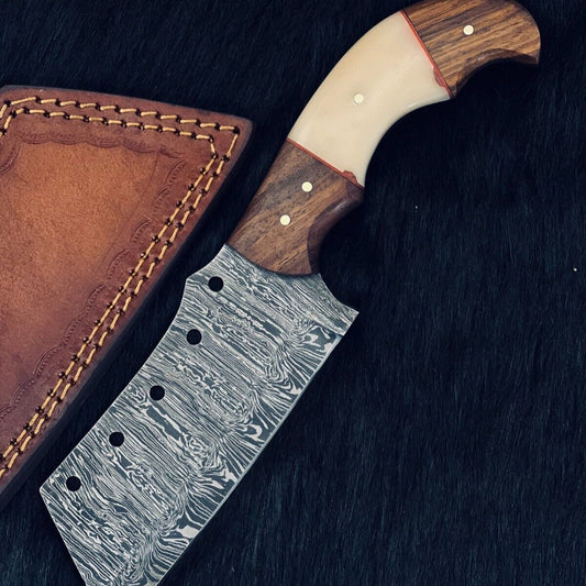 Heritage Forge 9.5 Inch Twist Damascus Cleaver Knife with Camel Bone and Wood Handle