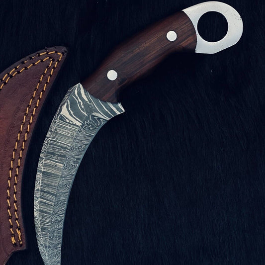 Heritage Forge 9.5 Inch Twist Damascus Steel Karambit Knife with Wood Handle