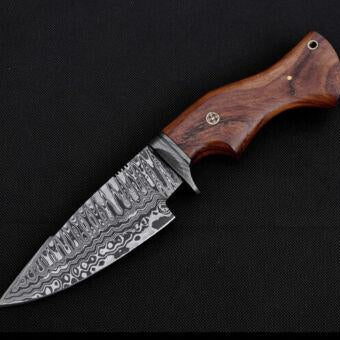 Heritage Forge 9.7 Inch Damascus Steel Bowie Hunting Knife with Walnut Wood Handle and Leather Sheath