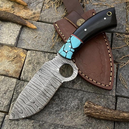 Heritage Forge 9 Inch Custom Damascus Steel EDC Hunting Knife with Horn and Resin Handle