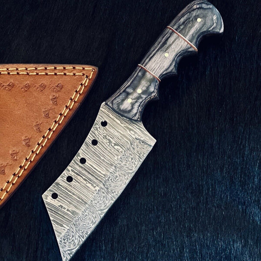 Heritage Forge 9 Inch Custom Fire Damascus Steel Cleaver Knife with Camel Bone and Wood Handle