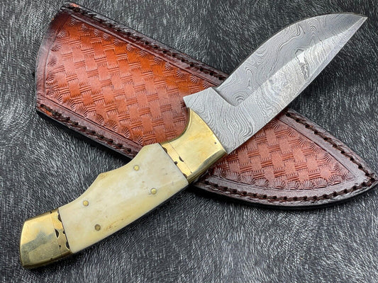 Heritage Forge 9 Inch Custom Handmade Damascus Steel Hunting Knife with Bone Handle and Leather Sheath