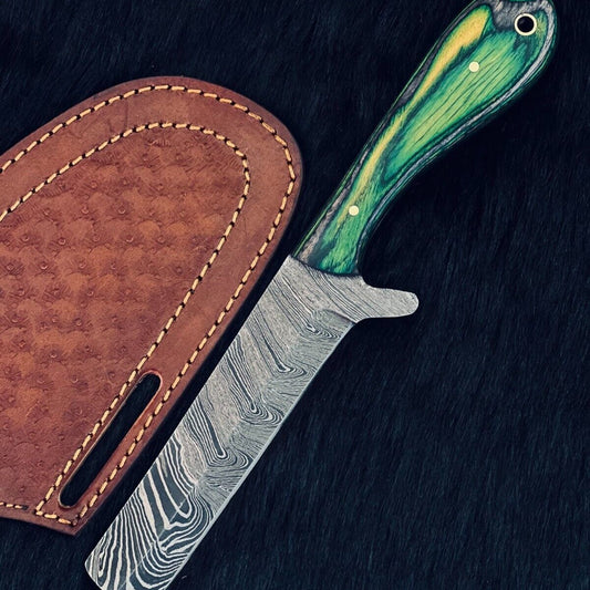 Heritage Forge 9 Inch Damascus Cowboy Skinner Hunting Knife with Camel Bone and Wood Handle