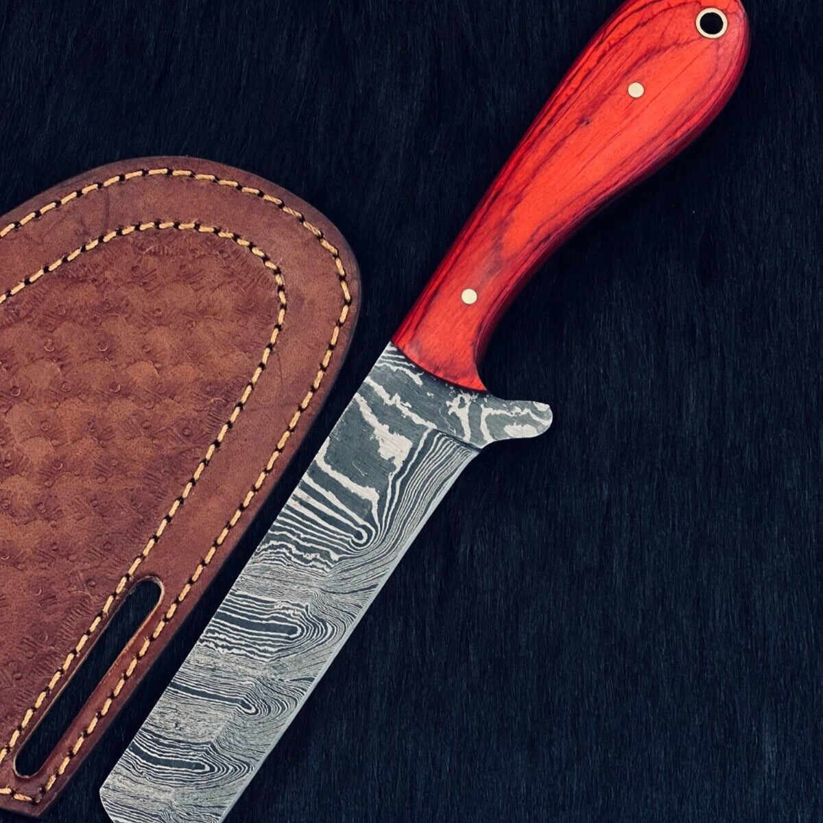 Heritage Forge 9 Inch Damascus Steel Cowboy Bowie Knife with Camel Bone and Wood Handle