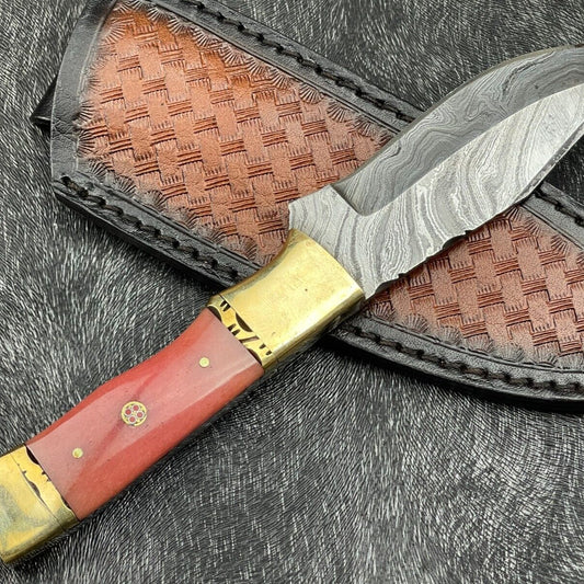 Heritage Forge 9 Inch Damascus Steel Hunting Skinning Knife with Resin Handle and brass including Leather Sheath