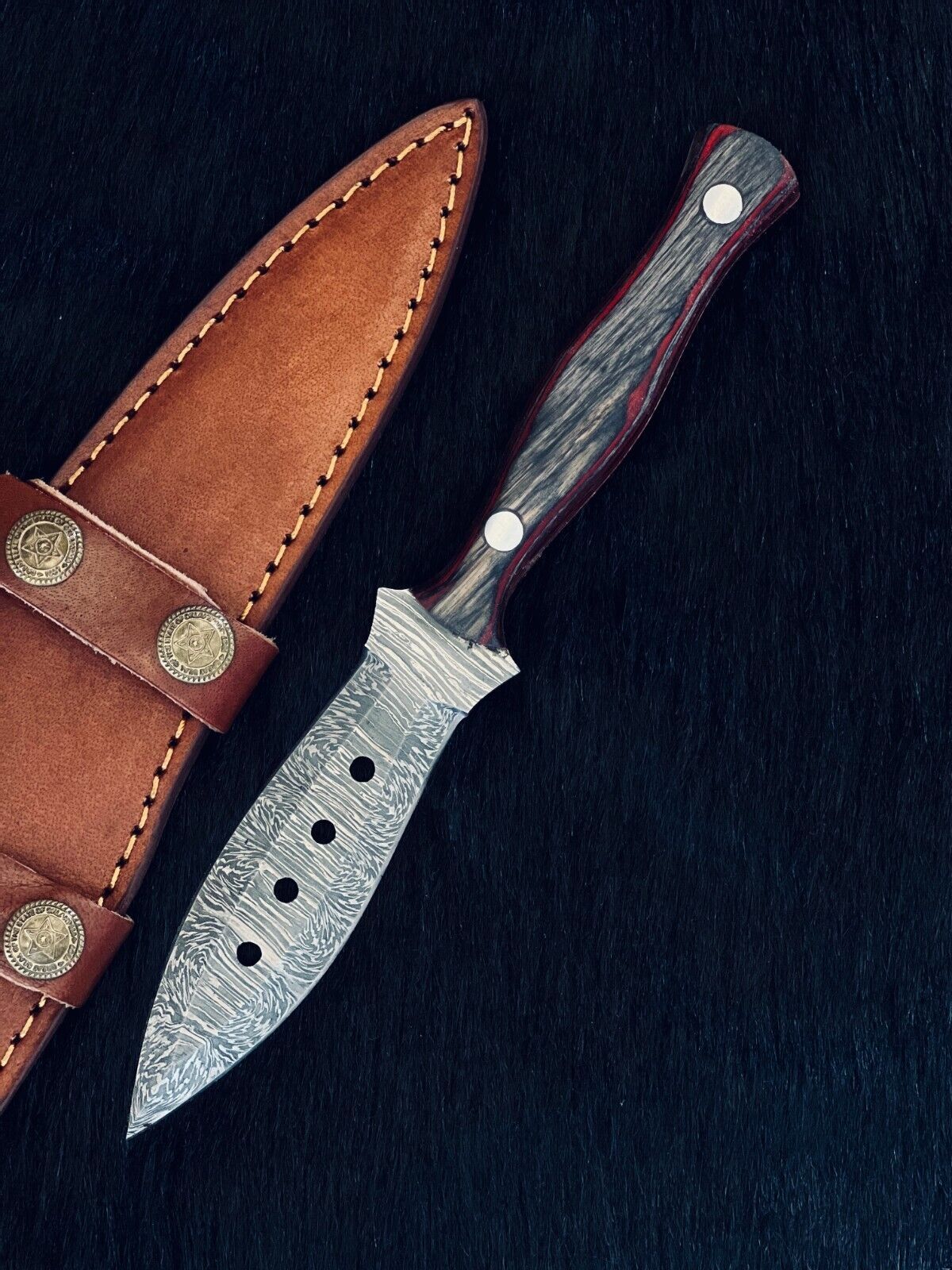 Heritage Forge 9 Inch Fire Damascus Dagger Knife with Camel Bone and Wood Handle