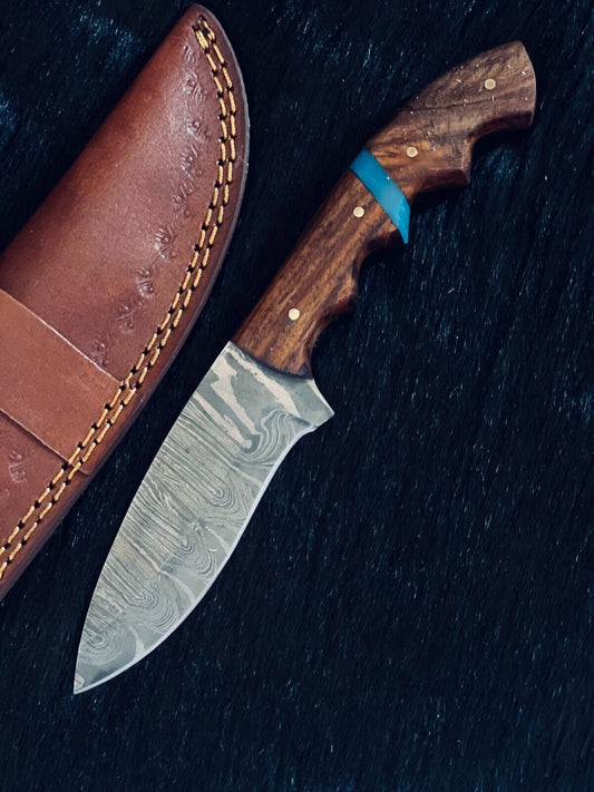 Heritage Forge 9 Inch Ladder Damascus Steel Skinner Knife with Wood Handle