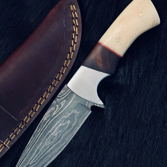 Heritage Forge 9 Inch Twist Damascus Skinner Knife with Camel Bone and Wood Handle