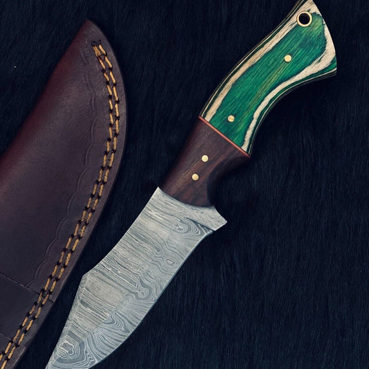 Heritage Forge 9 Inch Twist Damascus Steel Skinner Knife with camel bone Wood Handle
