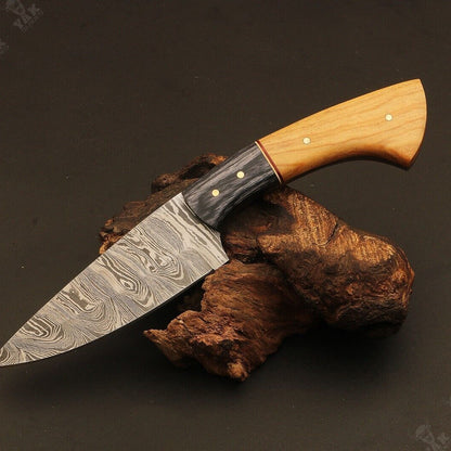Heritage Forge 9" Ladder Damascus Steel Hunting Knife with Wood Handle