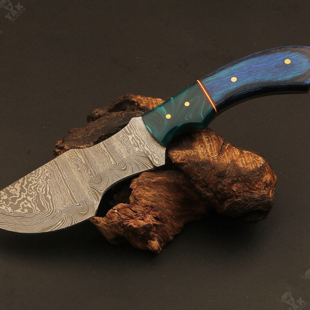 Heritage Forge 9" Ladder Damascus Steel Tracker Knife with Camel Bone and Wood Handle