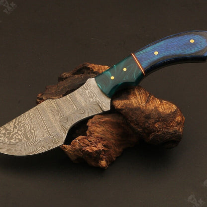 Heritage Forge 9" Ladder Damascus Steel Tracker Knife with Camel Bone and Wood Handle