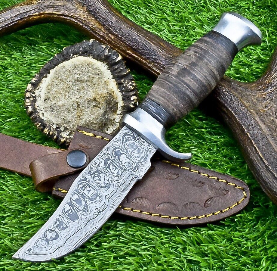 Heritage Forge 9" Leather Handle Damascus Steel Bowie Knife for Hunting and Camping