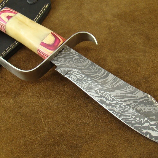 Heritage Forge Alistar Handmade Damascus Bowie Knife D Guard with Camel Bone and Pakkawood Handle