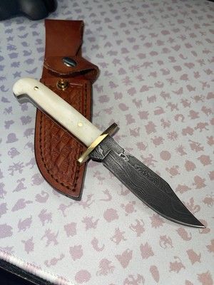 Heritage Forge Custom Damascus Baby Bowie Knife with Bone Handle and Leather Sheath