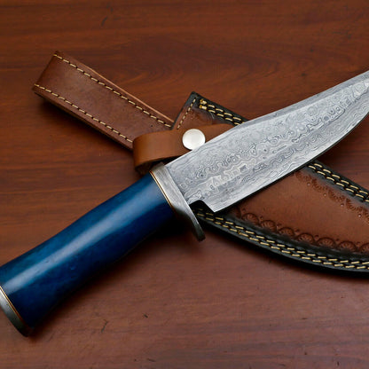 Heritage Forge Custom Damascus Bowie Knife with Stained Camel Bone Handle