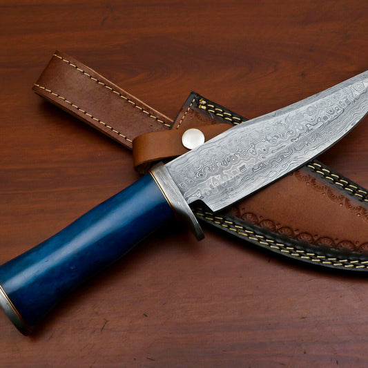 Heritage Forge Custom Damascus Bowie Knife with Stained Camel Bone Handle