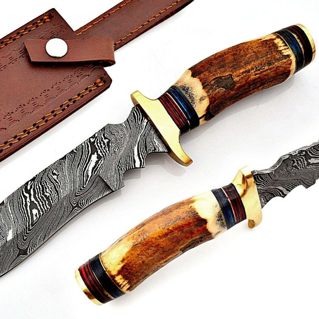 Heritage Forge Custom Damascus Hunting Knife with Stag Horn Handle and Brass Bolster