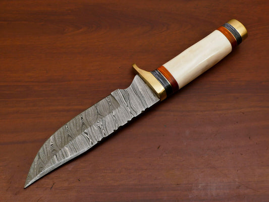 Heritage Forge Custom Damascus Steel Bowie Knife with Camel Bone and Pakka Wood Handle for Hunting and Camping