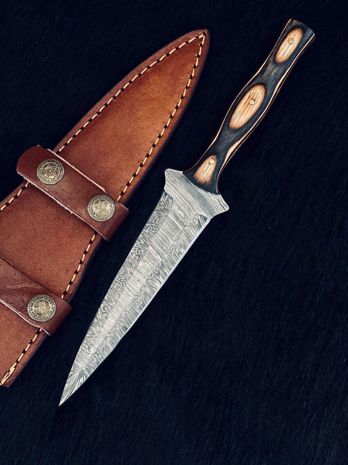 Heritage Forge Custom Fire Damascus Hunting Dagger with Wood Handle