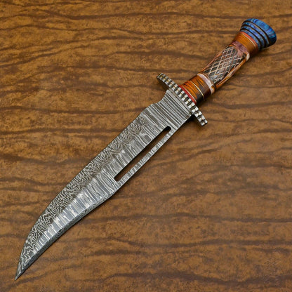 Heritage Forge Custom Forged Damascus Steel Bowie Hunting Knife Bone and Wood Handle