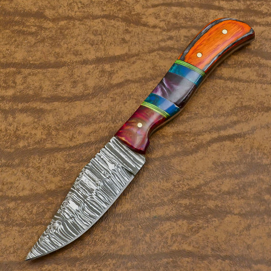 Heritage Forge Custom Handmade Damascus Skinner Hunting Knife with Resin and Wood Handle – Fixed Blade Knife