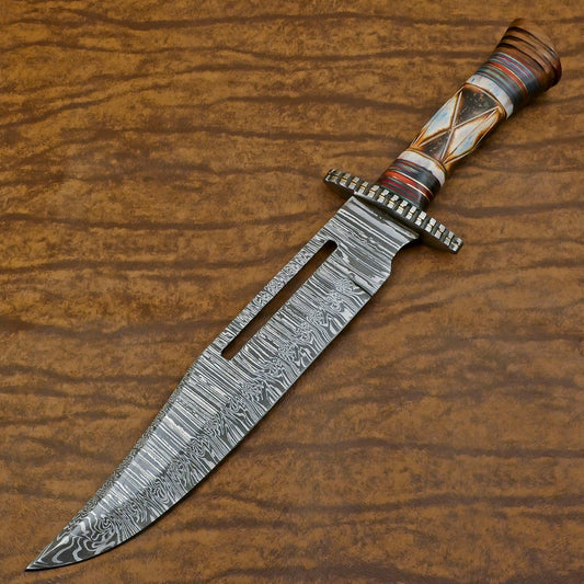 Heritage Forge Custom Handmade Damascus Steel Bowie Hunting Knife Bone Wood Handle