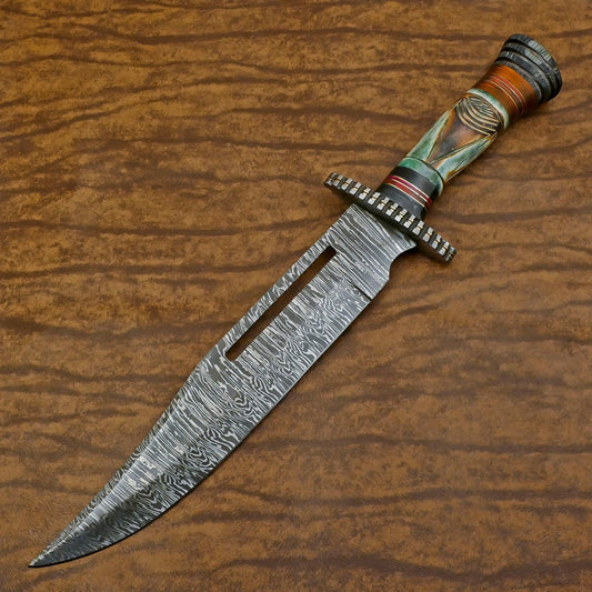 Heritage Forge Custom Handmade Damascus Steel Bowie Hunting Knife Bone and Wood Handle
