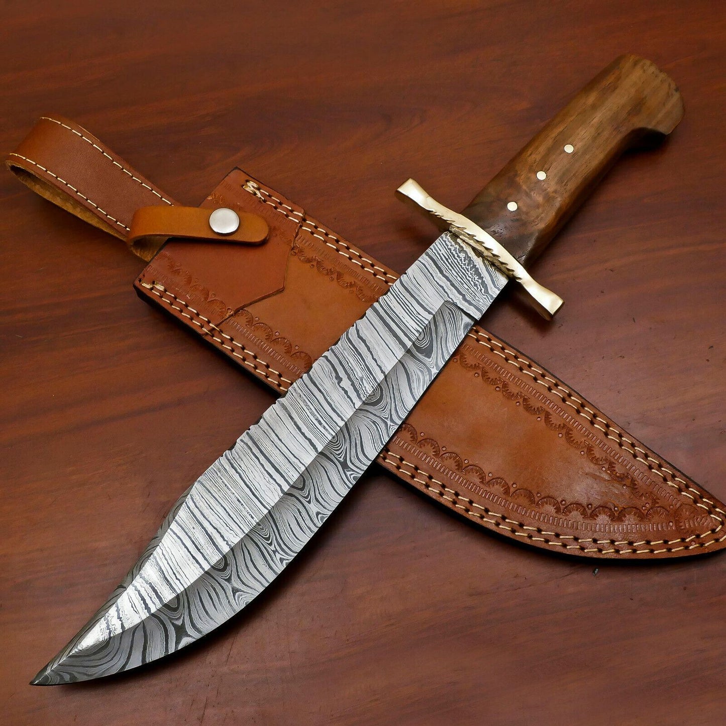 Heritage Forge Custom Handmade Damascus Steel Bowie Hunting Knife with Wood Handle