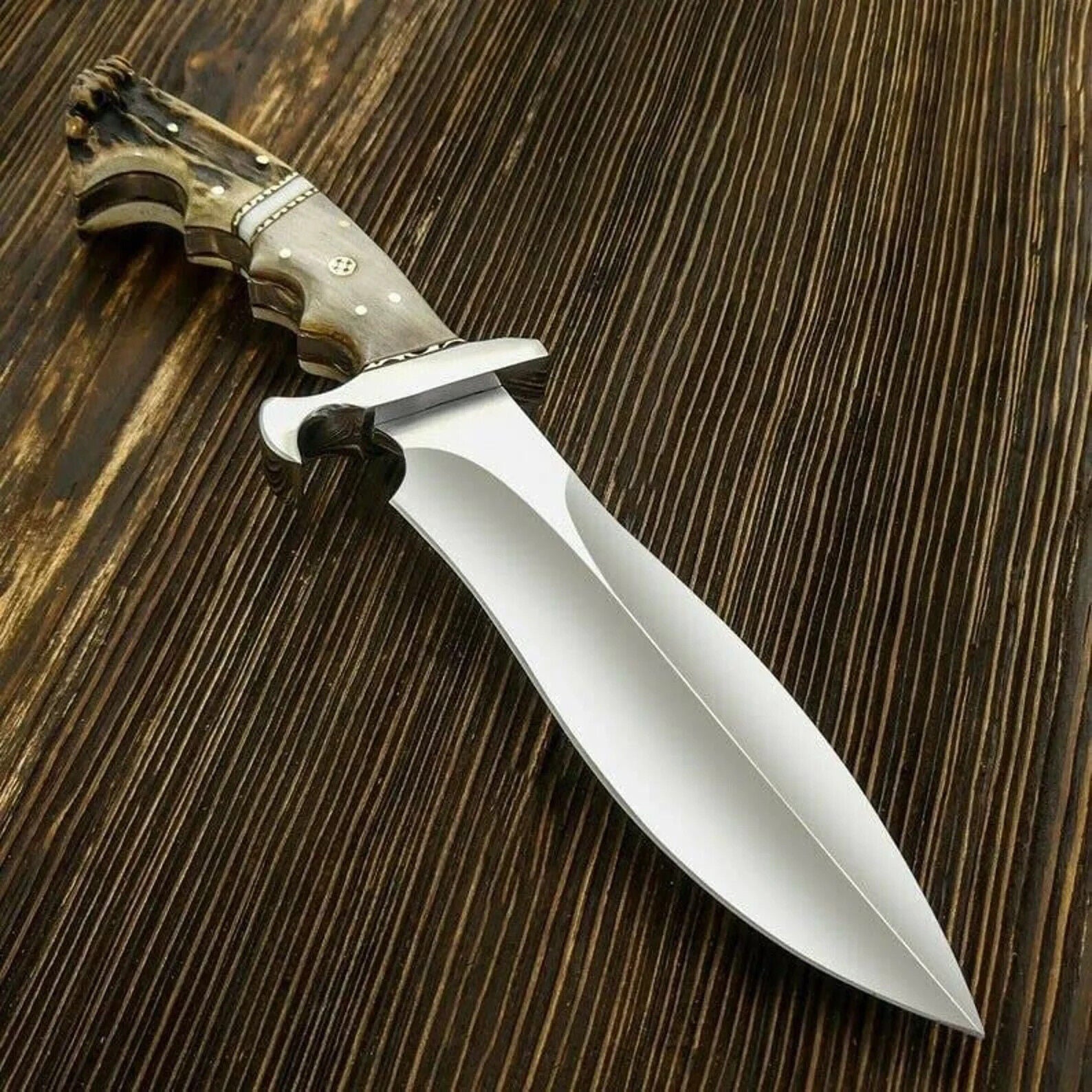 Heritage Forge D2 Steel Bowie Knife with Stag Antler Handle and Leather Sheath