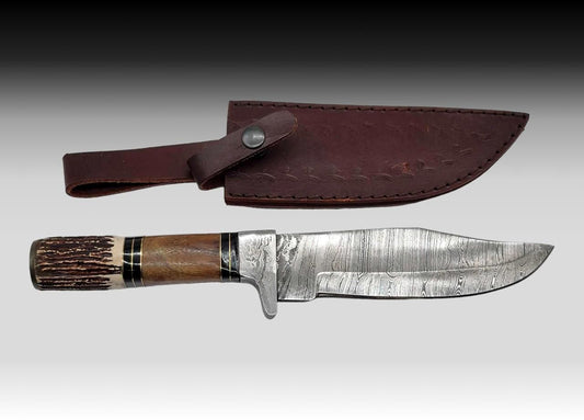 Heritage Forge Damascus Bowie Knife with Antler Handle and Leather Sheath