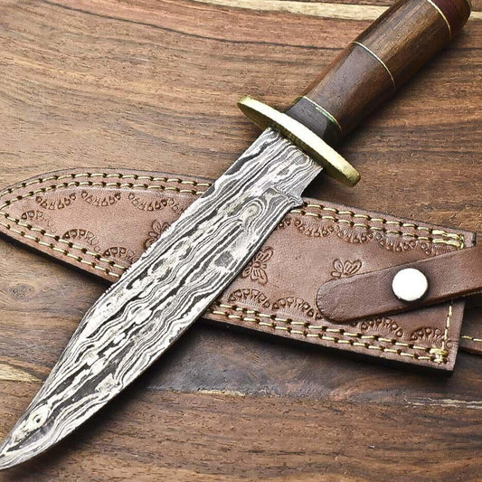 Heritage Forge Damascus Bowie Knife with Walnut Wood Handle for Hunting and Camping