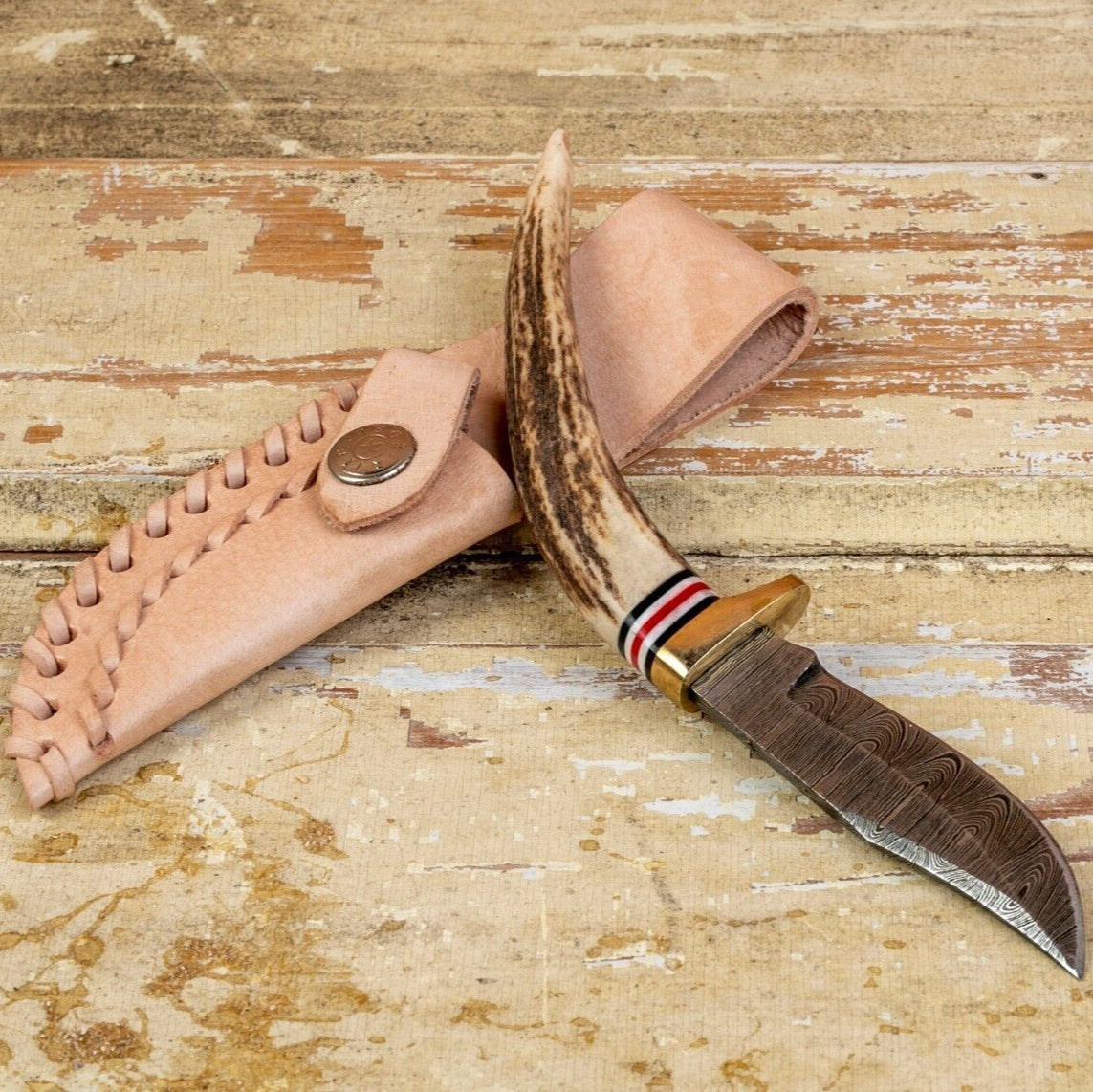 Heritage Forge Damascus Clip Point Knife Stag Antler Handle with Leather Sheath
