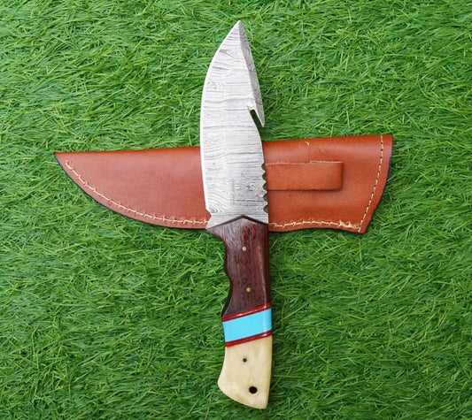 Heritage Forge Damascus Gut Hook Hunting Knife Original Stag Handle Handmade