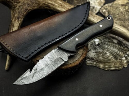Heritage Forge Damascus Gut Hook Hunting Knife with G10 Handle and Leather Sheath