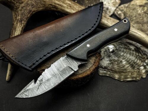 Heritage Forge Damascus Gut Hook Hunting Knife with G10 Handle and Leather Sheath