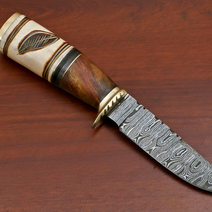 Heritage Forge Damascus Hunting Knife Camel Bone Rose Wood Pakka Wood Handle with Brass Guard