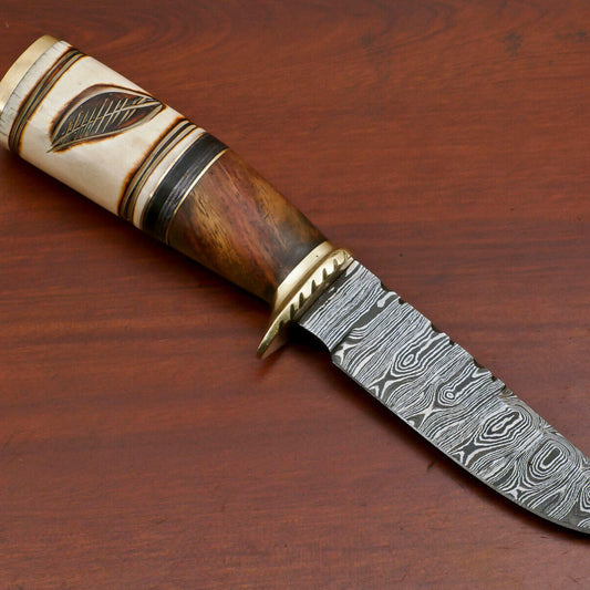 Heritage Forge Damascus Hunting Knife Camel Bone Rose Wood Pakka Wood Handle with Brass Guard